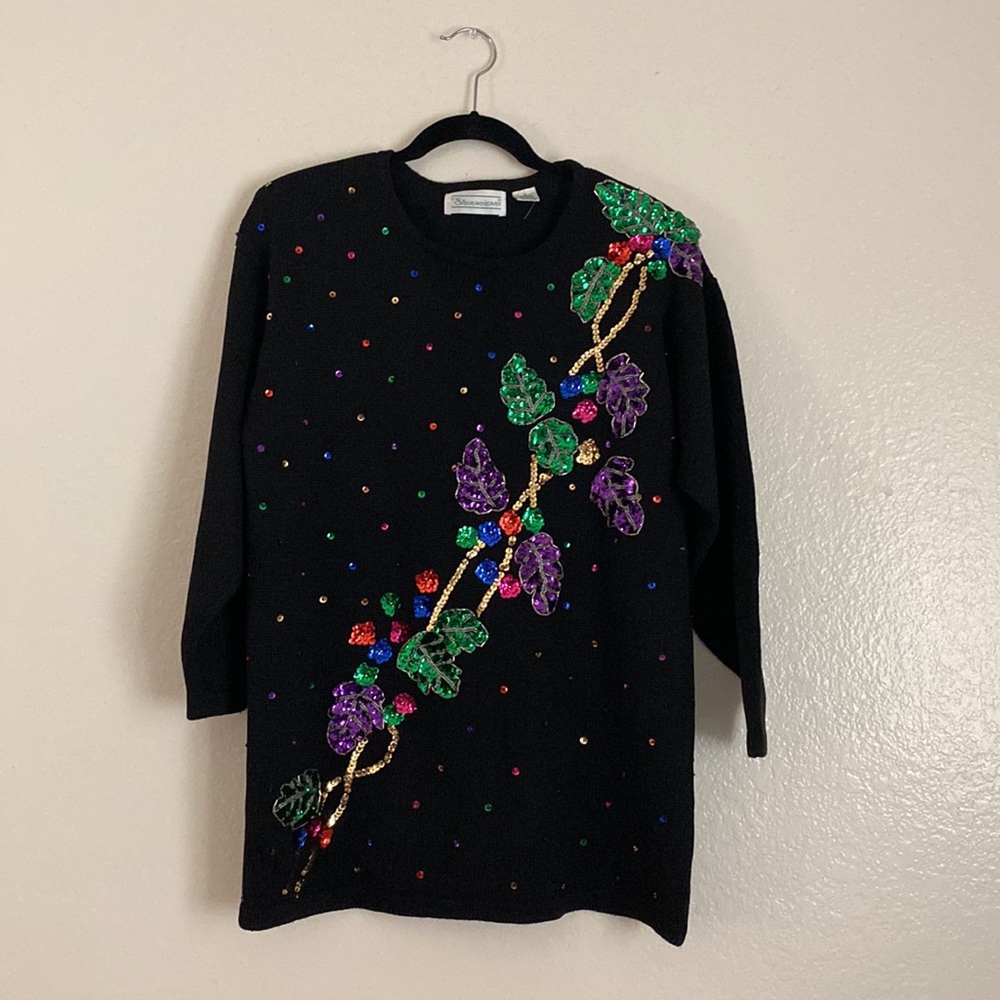 Vintage SHENANIGANS Small Black Holiday Pullover Sweater Purple Green Red Blue